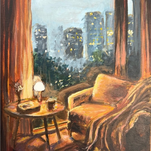 City Night Cozy Armchair Canvas Art in Warm Orange and Brown Tones - Picture 2 of 4